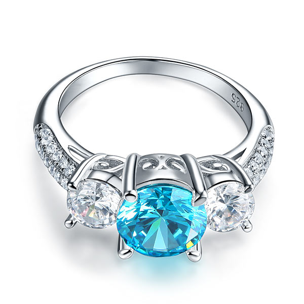 925 Sterling Silver 3-Stone Bridal Ring 2 Carat Simulated Blue Diamond Vintage Style Jewelry XFR8226