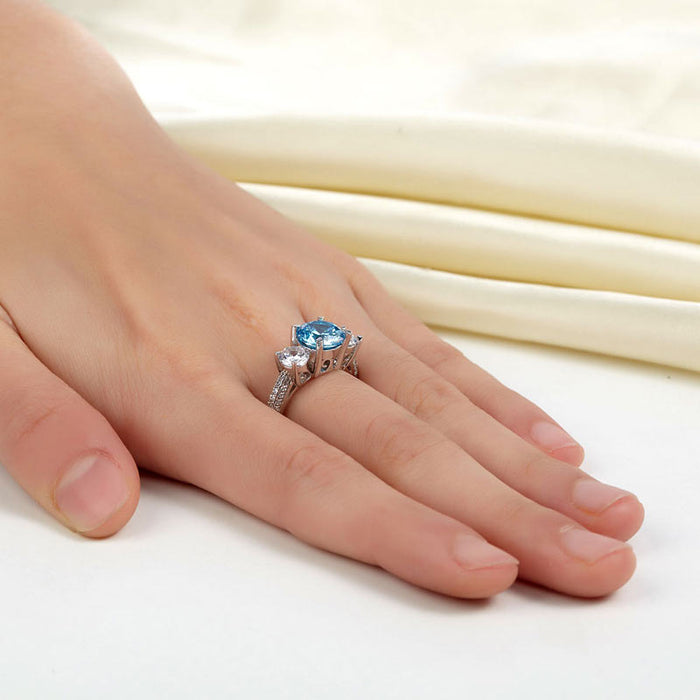 925 Sterling Silver 3-Stone Bridal Ring 2 Carat Simulated Blue Diamond Vintage Style Jewelry XFR8226