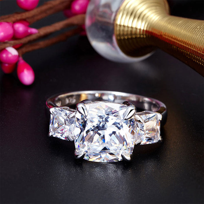 Cushion Cut 4 Carat Solid 925 Sterling Silver Ring Three-Stone Pageant Luxury Jewelry XFR8309
