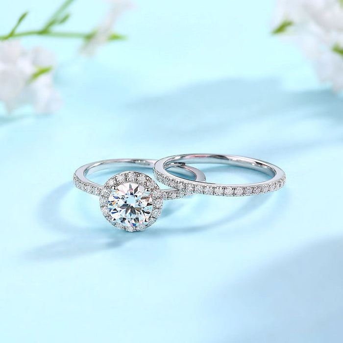 1 Carat Moissanite Diamond Halo Ring Set (1 pcs / 2 pcs) 925 Sterling Silver MFR8363