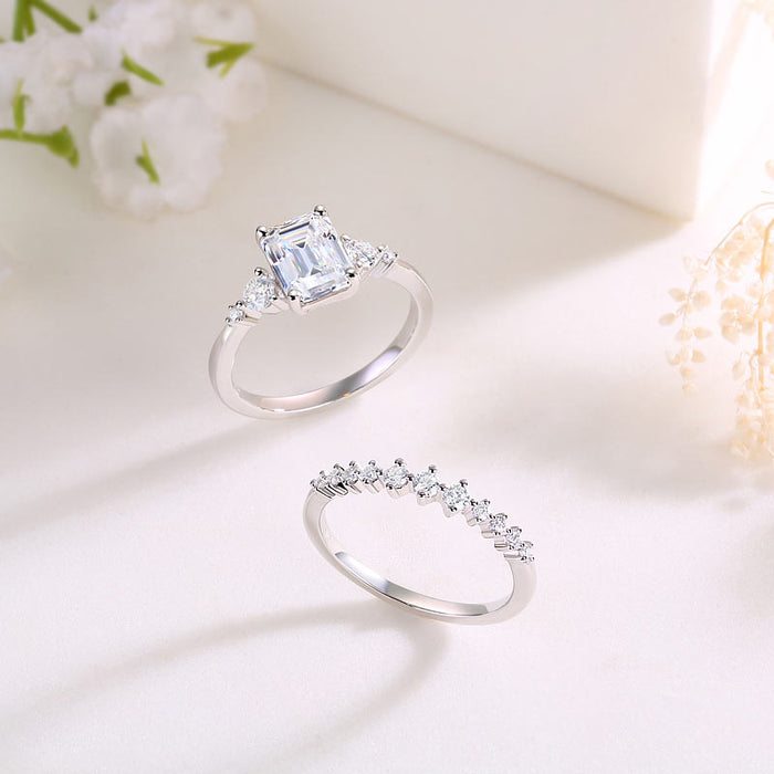 2 Carat Emerald Cut Moissanite Diamond  Ring Set ( 2 pcs) 925 Sterling Silver MFR8368